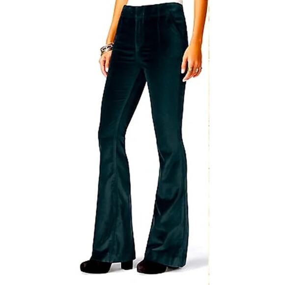 Free People Oxanna Jewel Green Stretch Velvet Flared Pants Womens Size 30 Boho - Picture 3 of 12
